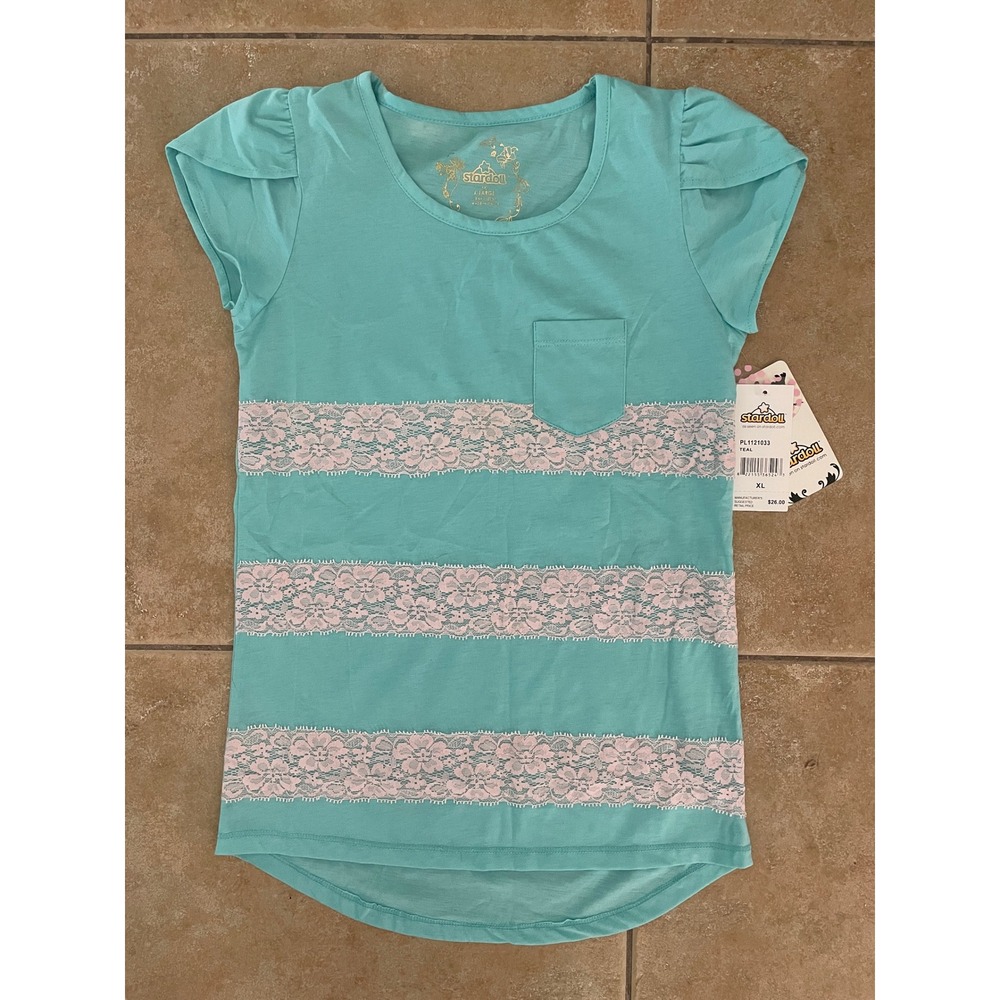NWT Stardoll Girls Teal & Pink Lace Stripes Shirt High Low Hem Size XL 16